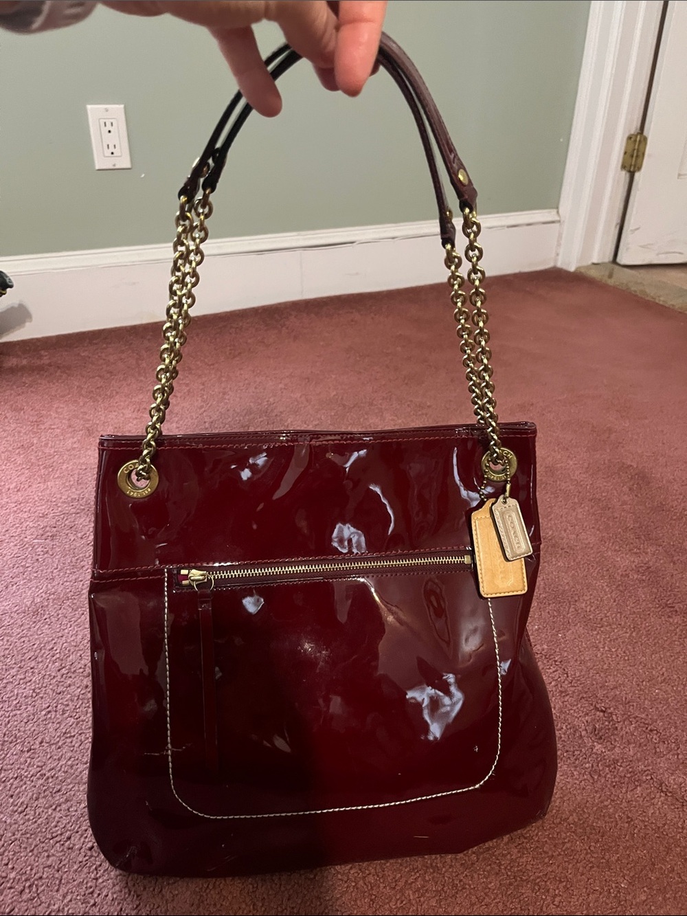 Coach Patent Leather Shoulder Bag in Burgundy with Gold Chain